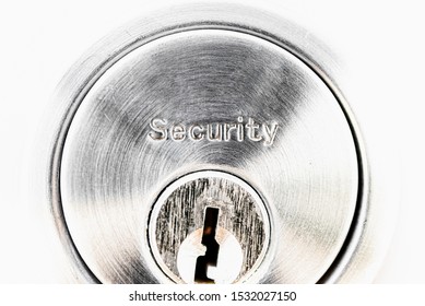 Security Text On The Door Lock With Key Hole And White Background. Safety, Top Secret And Confidential Concept.