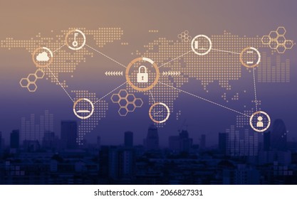 Security theme with icon network on blurred town background for business, technology, internet and networking concept. - Powered by Shutterstock - Get 15% off with code: PIKWIZARD15