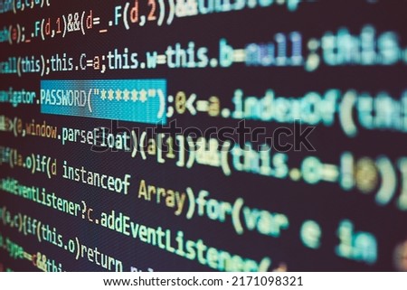 Security and threat in cyberspace. User password. Data security and protection. Programming code. Abstract computer script. Software developer programming code. Digital data on screen. Background