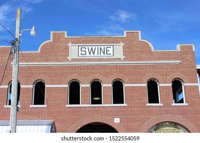 Sedalia, Missouri / USA - August 12 2019: Building In Which SWINE Were Kept At Missouri State Fair In Summer Time