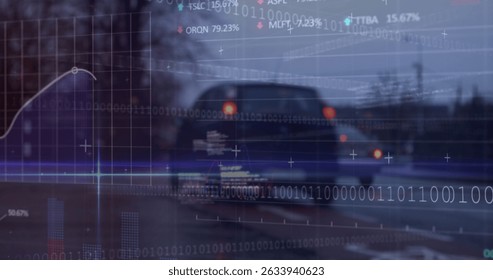 Sedan moving on two-lane road at dusk, with binary code overlay and analytics data overlays. Technology, transportation, analytics, data, digital, automotive, motion