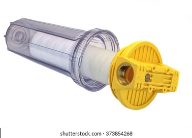 Sediment Water Filter Cartridge In Transparent Plastic Container Isolated On White Background, Close Up, Horizontal Image, Studio Shot