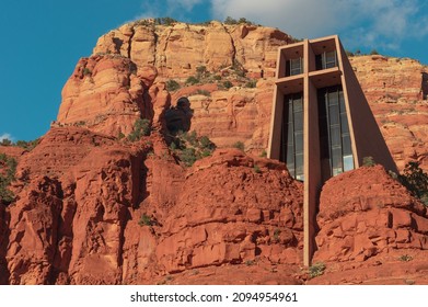 Sedona, Arizona, USA - December 14, 2021: This Image Shows The Exterior Of The Landmark Chapel Of The Holy Cross In Sedona.