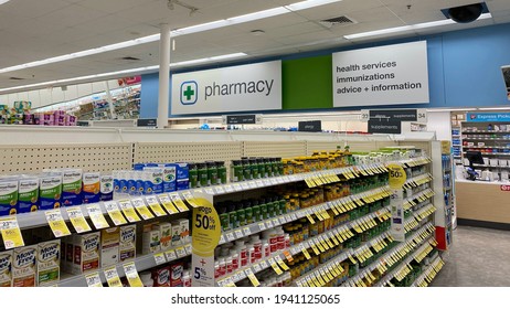 Sedona, Arizona USA- March 21st, 2021: Walgreens Pharmacy Offers Health Services, Immunizations And Advice In The Pharmacy Section Of Their Store. View Of Interior Pharmacy Sign From A Health Aisle.