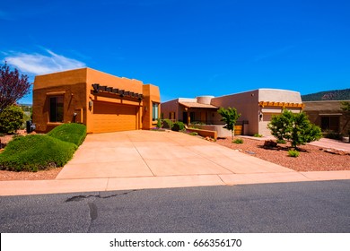 Sedona, Arizona USA - May 2, 2017: Typical new desert home with adobe style architecture in the popular Village of Oak Creek area.