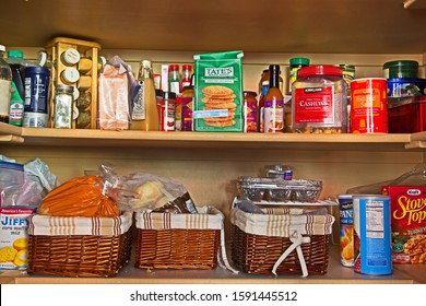 Sedona, Arizona/USA - December 17 2019: A Pantry Contains A Range Of Food Items, Herbs And Condiments.