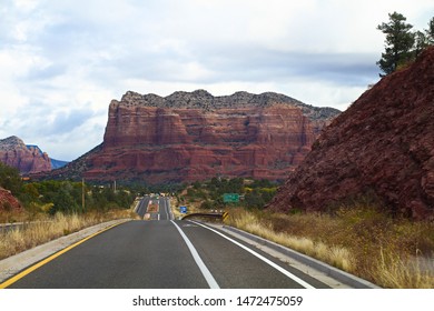 Sedona,AZ.USA - Oct 30,2017 : Winding Road Through Sedona Desert Mountains Driving Road Trip Vista Distance Scenic Highway Byway Route Landscape.