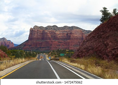 Sedona,AZ.USA - Oct 30,2017 : Winding Road Through Sedona Desert Mountains Driving Road Trip Vista Distance Scenic Highway Byway Route Landscape.