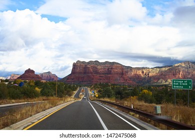 Sedona,AZ.USA - Oct 30,2017 : Winding Road Through Sedona Desert Mountains Driving Road Trip Vista Distance Scenic Highway Byway Route Landscape.