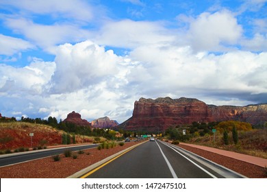 Sedona,AZ.USA - Oct 30,2017 : Winding Road Through Sedona Desert Mountains Driving Road Trip Vista Distance Scenic Highway Byway Route Landscape.