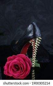 A seductive image of a black Louboutin, gold spike, stiletto against a black background with a beautiful deep red rose nestled against it.