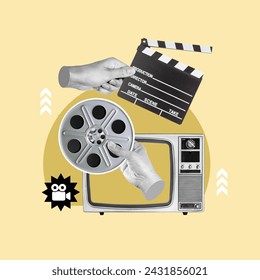 See awards season, cinema awards, cinema, art cinema, United States, international cinema, hand with clapperboard, hand with tape, retro television, in trend, movies, best films, Movie theater