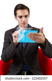 See Through Modern Electronic Tablet Held By Young Caucasian Male.