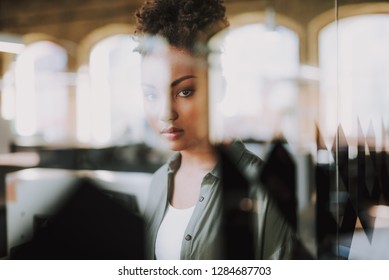 I See You. Portrait Of Serious Young Woman Looking Through Window With Reflections