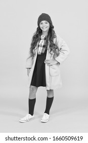 See You Through School Time In Style. Happy Small Girl Enjoy Fashion Style. Little Child Smile With Autumn Look. Smart Style Layer Over School Uniform. Elegant Style. School Wardrobe. Fashion Trends.