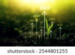 Seedling are growing from soil with growth comparative year 2019 to 2025. Concept of business growth, profit, agriculture, development and success graph.