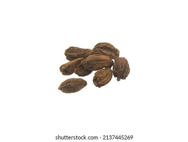 Seeds Of Black Cardamon (brown Cardamom, Amomum Subulatum) On White Background