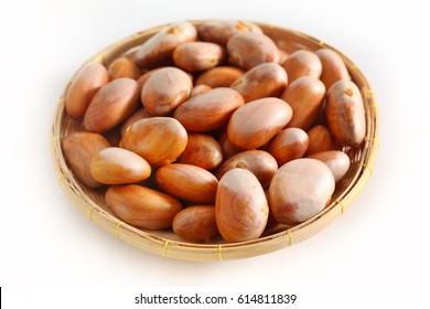 Seeds of Jackfruit in basket. Raw jackfruit seeds for cooking. Boiled jackfruit seeds is good snack isolated on white background, Selective focus.