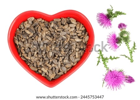 Seeds of a milk thistle or Silybum marianum, Scotch Thistle, Marian thistle in ceramic bowl with flower isolated on white background. Top view