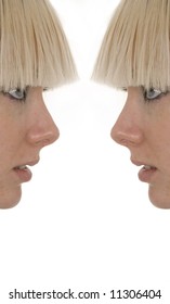 Seeing Double - Portrait Of A Blonde Model Looking Into Frame From Both Sides