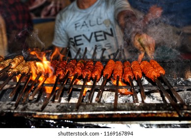 Seekh Kebabs, Camel Kebabs Street Food In Indian Ramadan Market In Shivaji Nagar Bengaluru. Muslim Big Food Festival Iftar Party.
