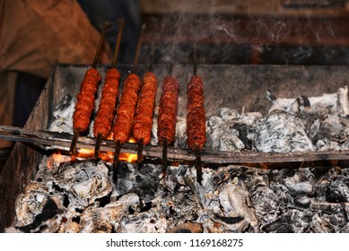 Seekh Kebabs, Camel Kebabs Street Food In Indian Ramadan Market In Shivaji Nagar Bengaluru. Muslim Big Food Festival Iftar Party.
