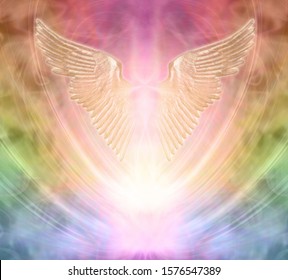 Seeking Angelic Help From Your Personal Guardian  - Pair Of Gleaming Shimmering Golden Angel Wings Against An Ethereal Rainbow Coloured Energy Background
