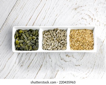 Seen From Above Pumpkin Sesame And Sunflower Seeds In A Bowl