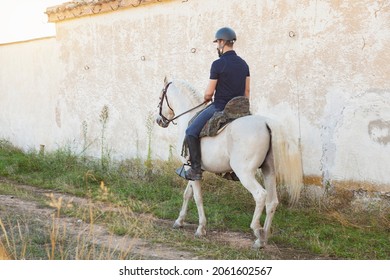 Seen From Behind, A Bearded Caucasian Man In Equestrian Clothing And Helmet Is Riding His White Horse Along A Path By A Wall.