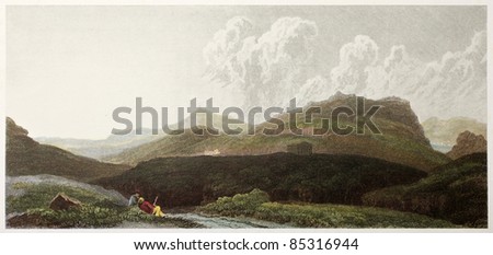 Segesta old view, Sicily. Created by De Wint and Wallis, printed by McQueen, publ. in London, 1821. Ed. on Sicilian Scenery, Rodwell and Martins, London, 1823
