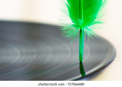 Segment of vinyl record with Old feather.Writing music.