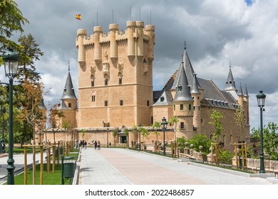 Segovia  Spain - 05 13 2021: Amazing Full Main Front View At The Iconic Spanish Medieval Castle Palace Alcázar Of Segovia