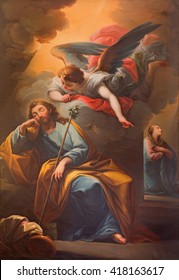 SEGOVIA, SPAIN, APRIL - 14, 2016: The vision of angel to St. Jospeh in the dream painting  in Catedral by unknown artist of 19. cent.