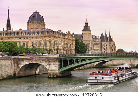Seine River and Bateau Mouche in Paris, France