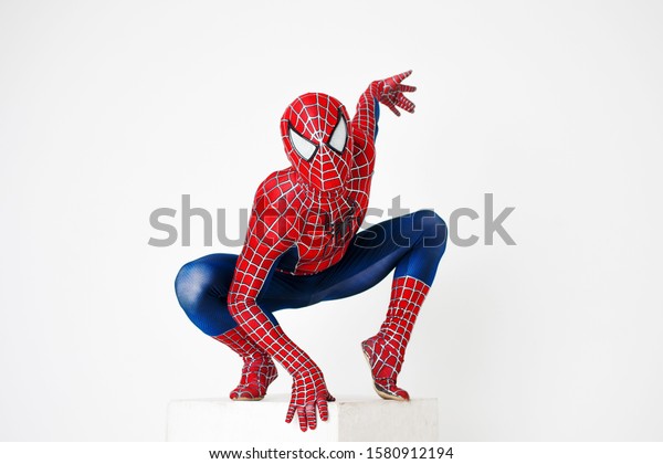 Spiderman, a cosplay comic character. Guy cosplayer at cosplay Convention. Cartoon nursery wall mural. 