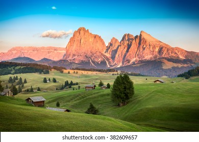 Seiser Alm with Langkofel Group in last sunlight, South Tyrol, Italy