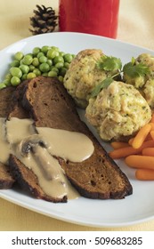 Seitan Steak With Mushroom Gravy, Bread Dumplings, Fresh Peas And Baby Carrots