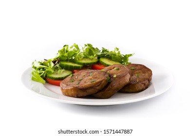 Seitan With Vegetables Isolated On White Background. Fake Meat.