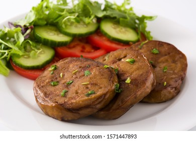 Seitan With Vegetables Isolated On White Background. Fake Meat.