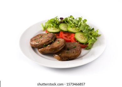 Seitan With Vegetables Isolated On White Background. Fake Meat.