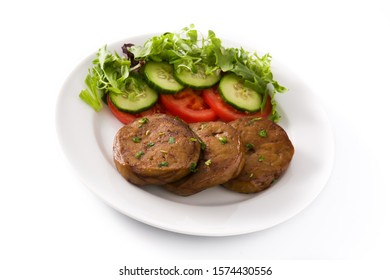 Seitan With Vegetables Isolated On White Background. Fake Meat.