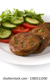 Seitan With Vegetables Isolated On White Background. Fake Meat.