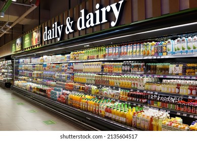 SELANGOR, MALAYSIA - 27 FEB 2022. Huge Fridge With Various Choice Fruit Juice, Dairy And Yogurt Products In Village Grocer Store. It Is The Coolest And Premium Supermarket In Malaysia.	