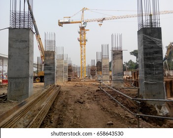 SELANGOR, MALAYSIA -APRIL 17, 2017: Casted concrete column at the construction site. Provided protruding reinforcement bar and ready for next concreting work. Under construction. 
