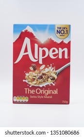SELANGOR, MALAYSIA - CIRCA MARCH 2019 : Alpen original muesli blend of creamy rolled oats, wholegrain wheat flakes, crunchy hazelnuts, nutty almonds and juicy raisins over white background.
