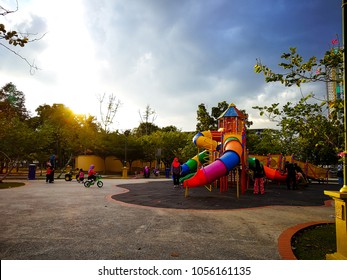 Selangor, Malaysia - February 20, 2018: Playground full with kids enjoy playing in Taman Tasik Cempaka, Bandar Baru Bangi.