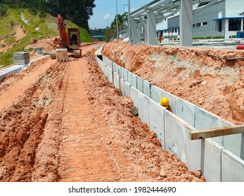 SELANGOR, MALAYSIA -JANUARY 20, 2021: Concrete box culvert drain under construction at the construction site. It is used to channel stormwater to prevent flash floods. 