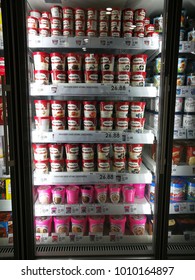 Selangor, Malaysia - January 26, 2018 :  Various Brands Of Ice Creams In The Chiller Freezer At Aeon Maxvalue Supermarket In The Evo Mall, Bandar Baru Bangi.