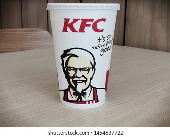 Selangor , Malaysia - July 2019 : Close up of KFC Pepsi drinks on the table. Kentucky Fried Chicken franchise is an American fast food restaurant chain that specialises in fried chicken. 