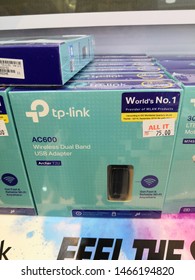 Selangor, Malaysia - July 2019 : TP - Link Wireless Dual Band Device Display For Sale In Computer Shop. TP-Link Is The World's First Provider Of Consumer WiFi Networking Devices. 